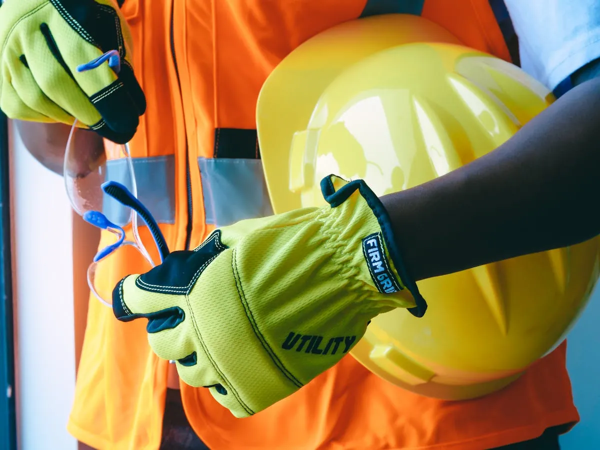 Pressure washing operator wearing full PPE including safety glasses, gloves, and hearing protection