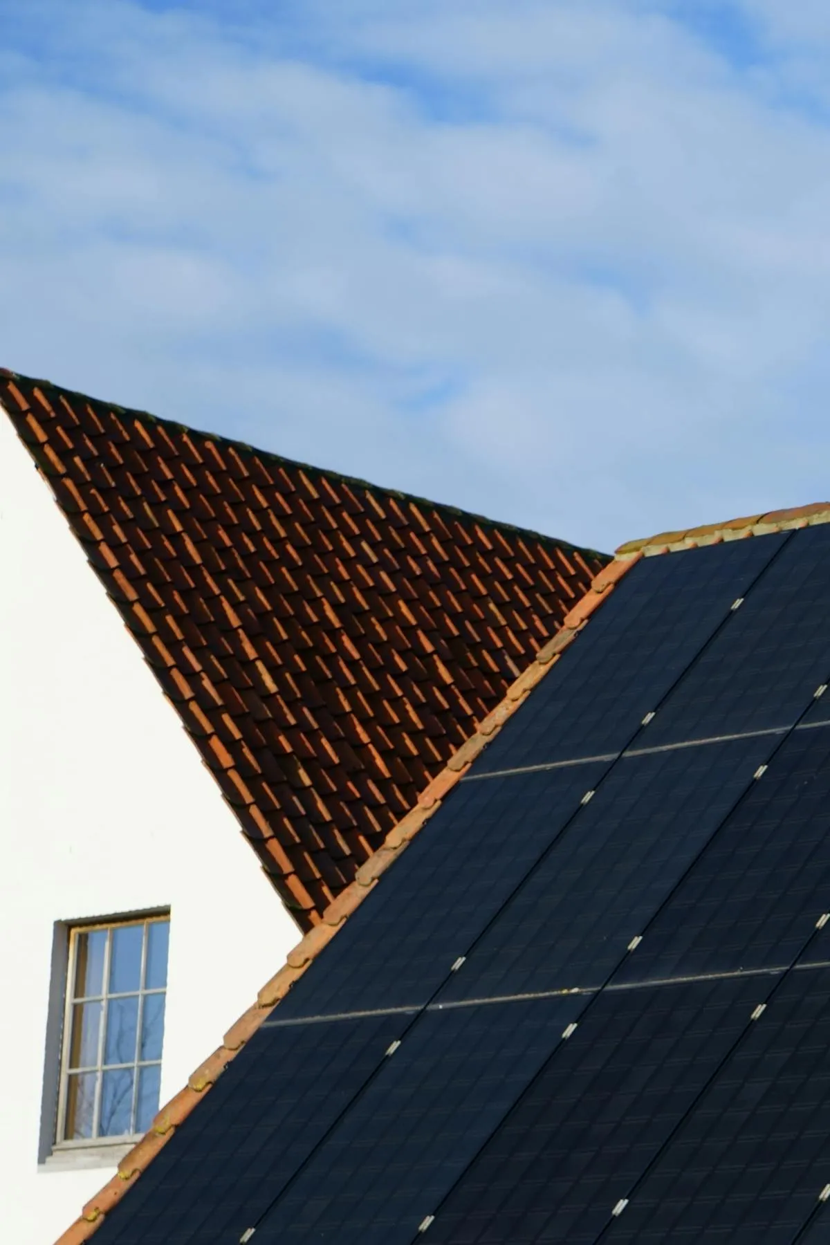 Worker using soft brush and hose to clean rooftop solar panels